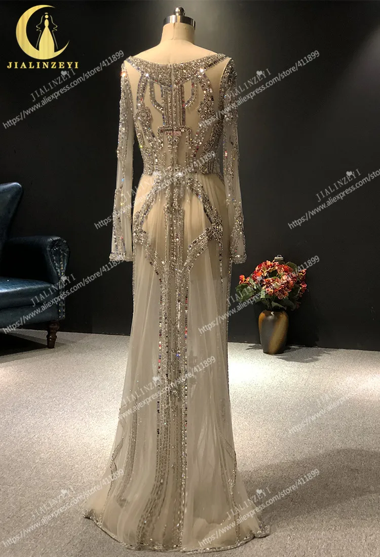 

Rhine Real Zuhair Murad Long Sleevs Brown Crystal Beads Mermaid vestidos de fiesta Evening Dress Long