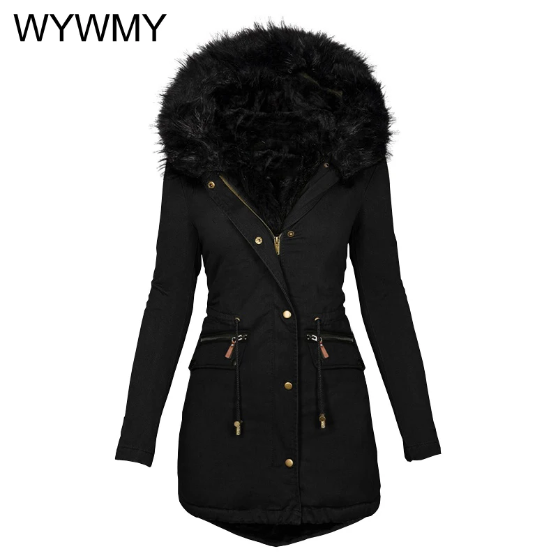 

WYWMY Women Winter Jacket Wool Liner Parkas Thick Warm Mid-Long Jackets Hooded Parka Fur Inside Cotton Coat Female Plus size 5XL