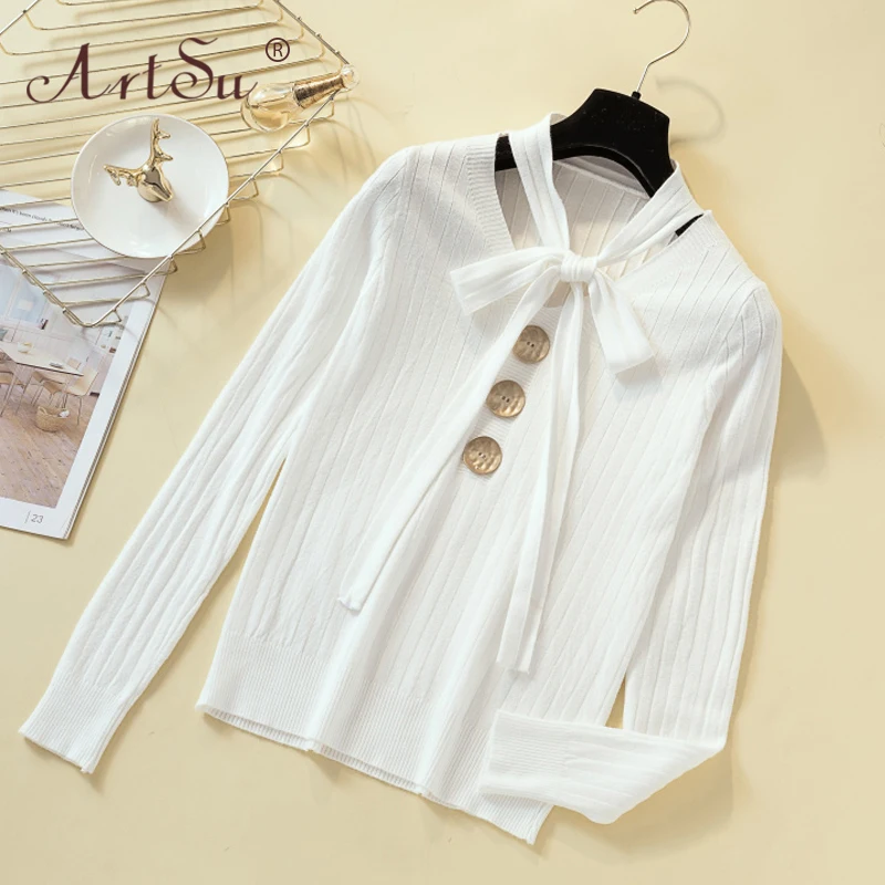 ArtSu корейский стиль Модный женский зеленый свитер галстук v-образный вырез бант