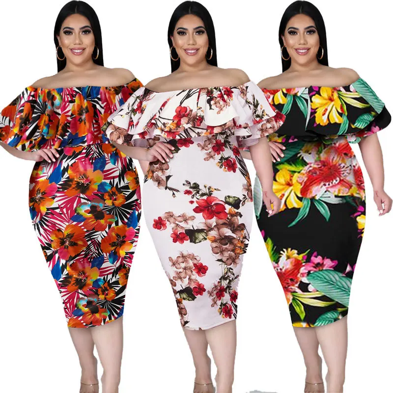 

XL-4XL summer 2021 large plus size women clothing fashion elegant casual slash neck short sleeve dress Wholesale Dropshipping