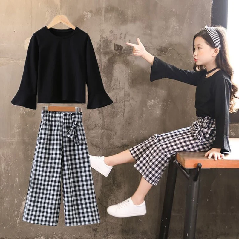 

Осенний костюм для девочек, новинка 2021, детская одежда, корейский стиль, хлопковый топ с длинными рукавами + клетчатые широкие брюки, 2 предмета, 4-14 лет