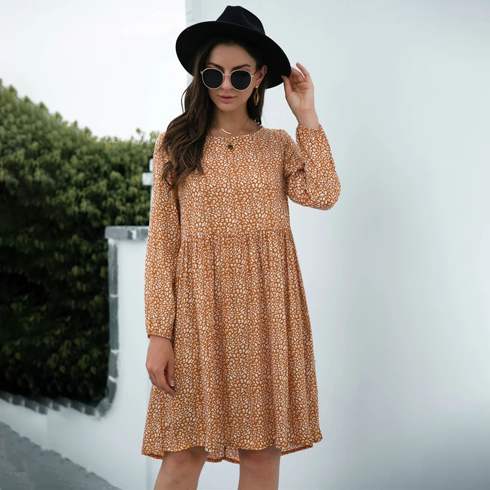 

Vintage Print Elegant Women Mini Dress Loose Casual O-neck Long Sleeve Big Swing A-line Office Ladies Dresses 2021 Autumn New