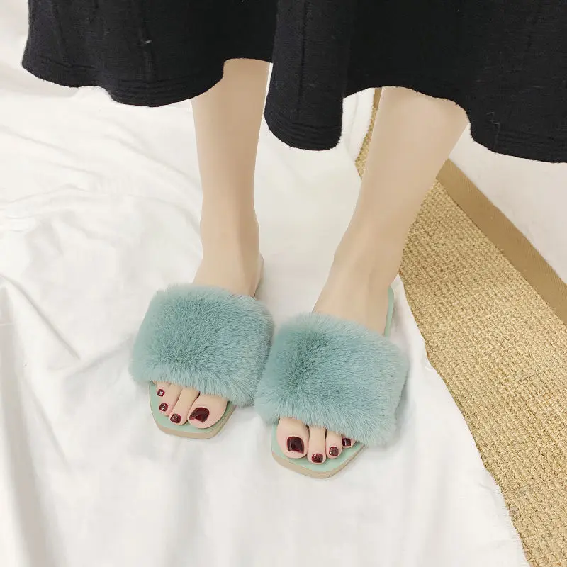 2021 Summer Women House Slippers Faux Fur Fashion Shoes Woman Slip on Flats Female Slides Black Pink Cozy Home Furry Slippers