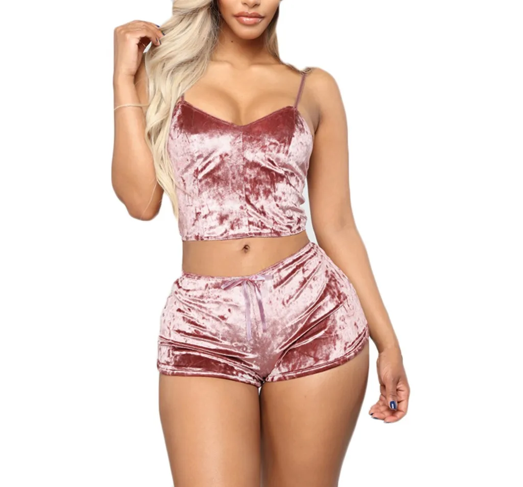 2Pcs Pajama Sets Women's Sexy Spaghetti Strap Velvet Shorts Set Sleepwear Babydoll Lingerie Femme Pyjamas Women Plus Size S-3XL | Женская