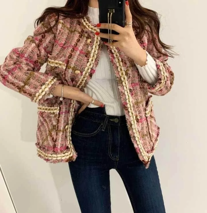 Куртка Шерстяная женская короткая из твида во французском стиле с круглым