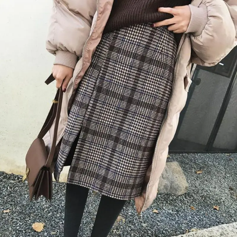 Юбки женские длинные шерстяные теплые клетчатые весна осень высокая талия поясом элегантная для работы в офисе миди юбка шерсть зима saia
