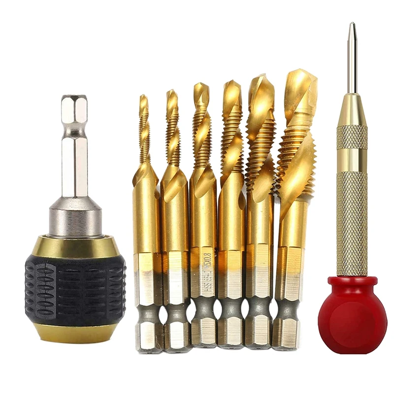 

Retail 8 Pcs Titanium Combination Drill Tap Bit Set Spiral Tap Drill Bit Set with Automatic Punch Tool and Extension Rod 60mm
