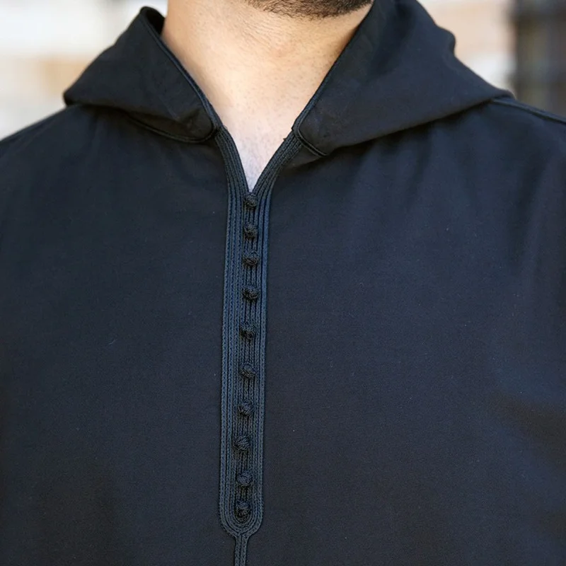 Traditional Black Long-sleeved Hooded African Ethnic Style Men's Long Shirts Casual Striped Muslim T-Shirt Chilaba Man 2022 New