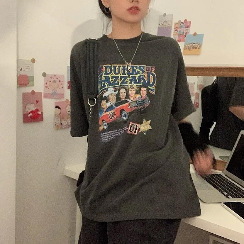 

Streetwear Cartoon Letter Print Loose T Shirt Women Summer Half Sleeve Korean Tops Woman Punk Tee Shirts