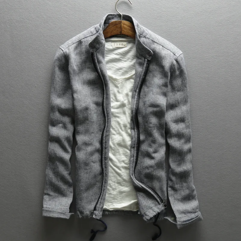 Льняная мужская Осенняя Тонкая Повседневная Верхняя одежда с воротником-стойкой