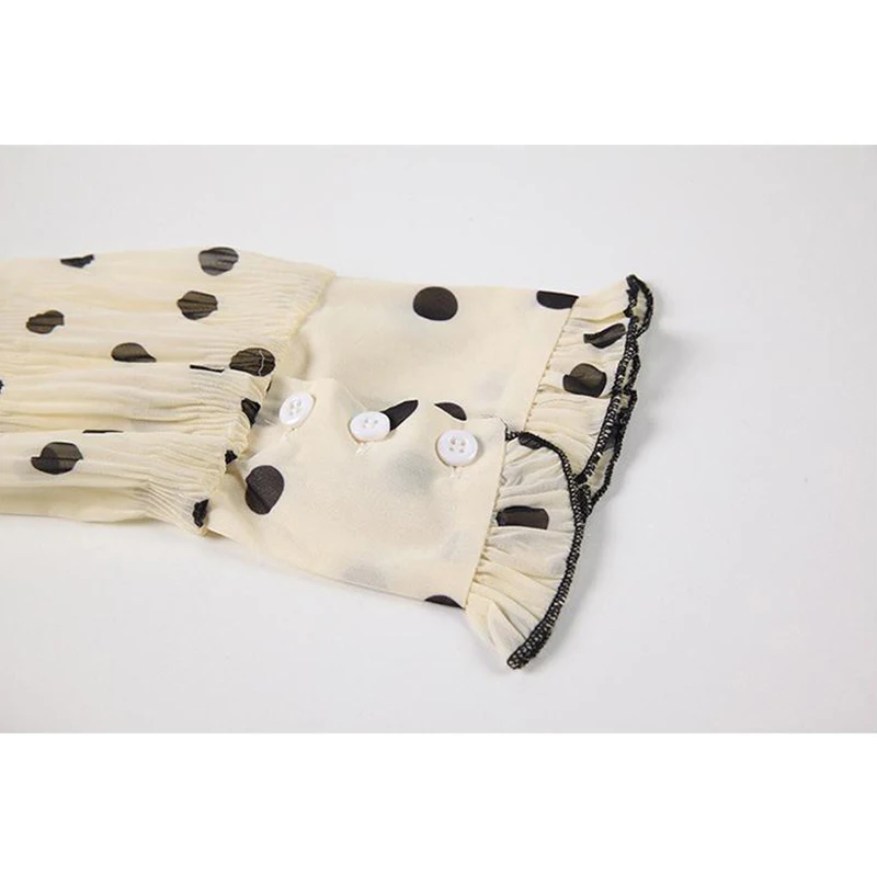 

Korean Dot Print Vintage Elegant Blouses Tops Women Lantern Long Sleeve Mock Collar See Through Chiffon Shirts Or Blusas Female