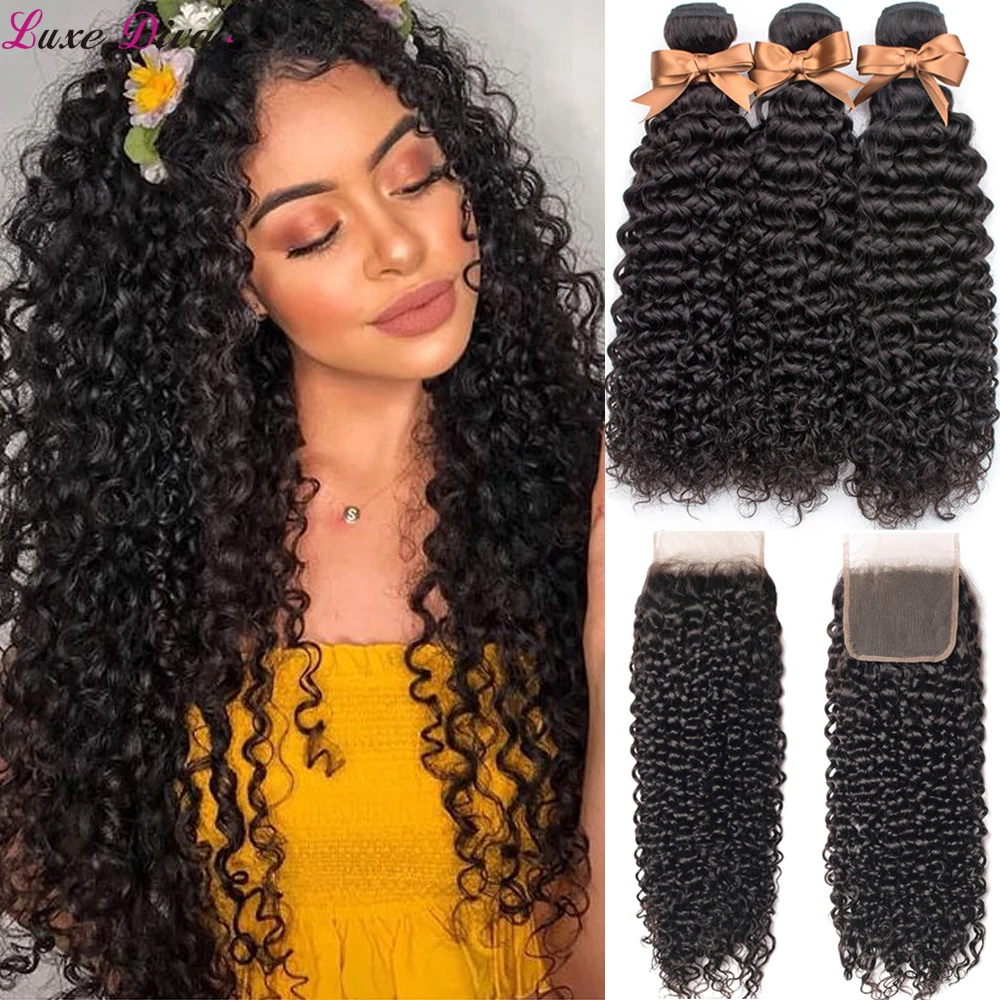 Luxediva Brazilian Human Hair Weave Bundles with Closure Kinky Curly Hair Bundles with Lace Closure Afro Remy Hair Extensions
