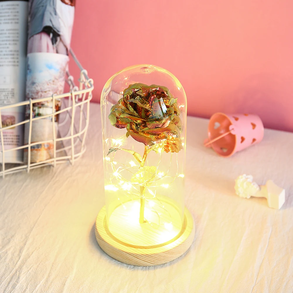 Вечная роза цветок в стеклянном куполе золотой лист светодиодная