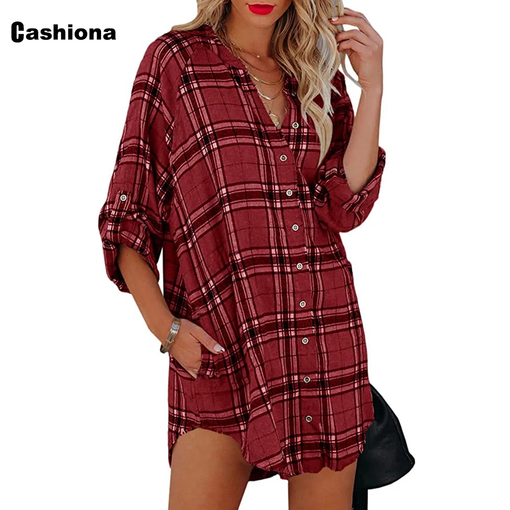 

2021 Single Breasted Tops Open Stitch Long Blouse Women Long-sleeve Fashion Plaid shirt blusas Lepal Collar Shirts Clothing