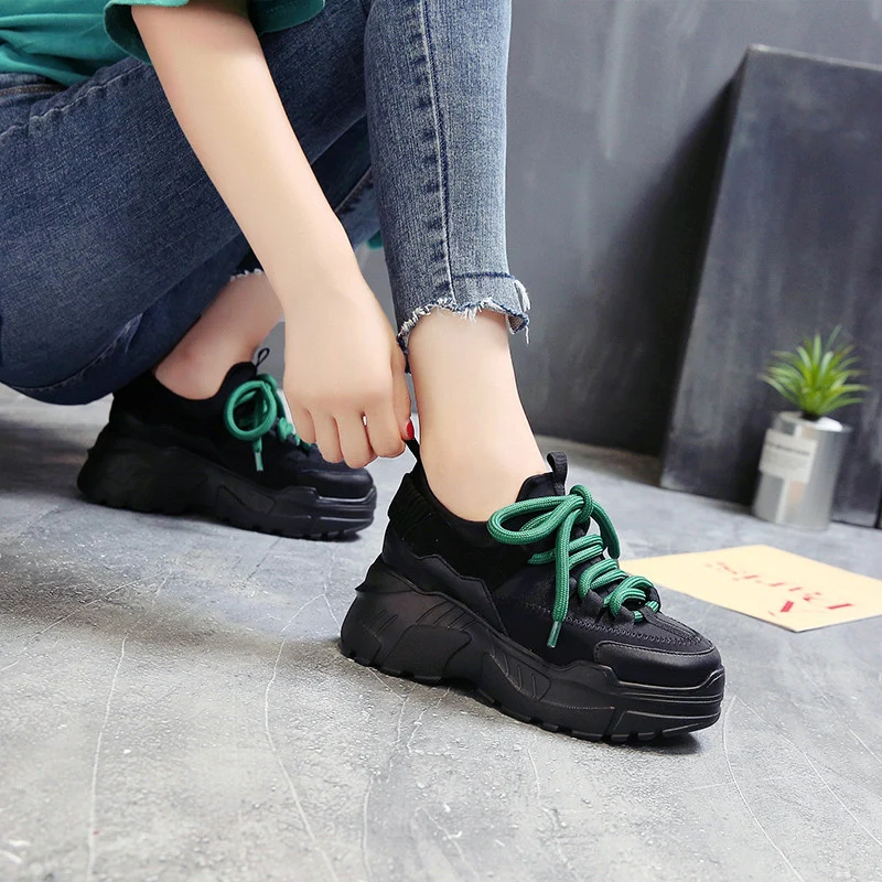 

Stylish High Platform Shoes 8CM 2021 Spring Autumn Lightweight Design Ladies Shoes Black Casual Shoes Women Sneakers Flats Tenis