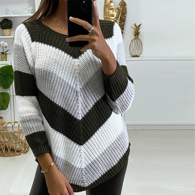 

Elegant Round Neck Warm Knitted Sweaters Women Fahsion Striped Long Sleeve Tops Pullovers 2021 Autumn Winter Casual Sweater New