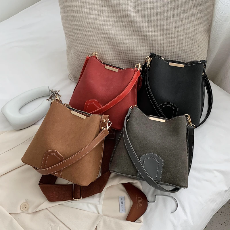 

Vintage Scrub Leather Bucket Bags for Women 2021 Trending Designer Crossbody Shoulder Handbags Women's Wide Shoulder Belt Bag