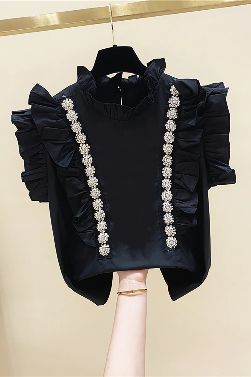 

Ruffled Beaded Diamond Fungus Stand Collar Sleeveless Shirt Female 2020 Summer Loose Slimming-look Top Female Blouse Blusas