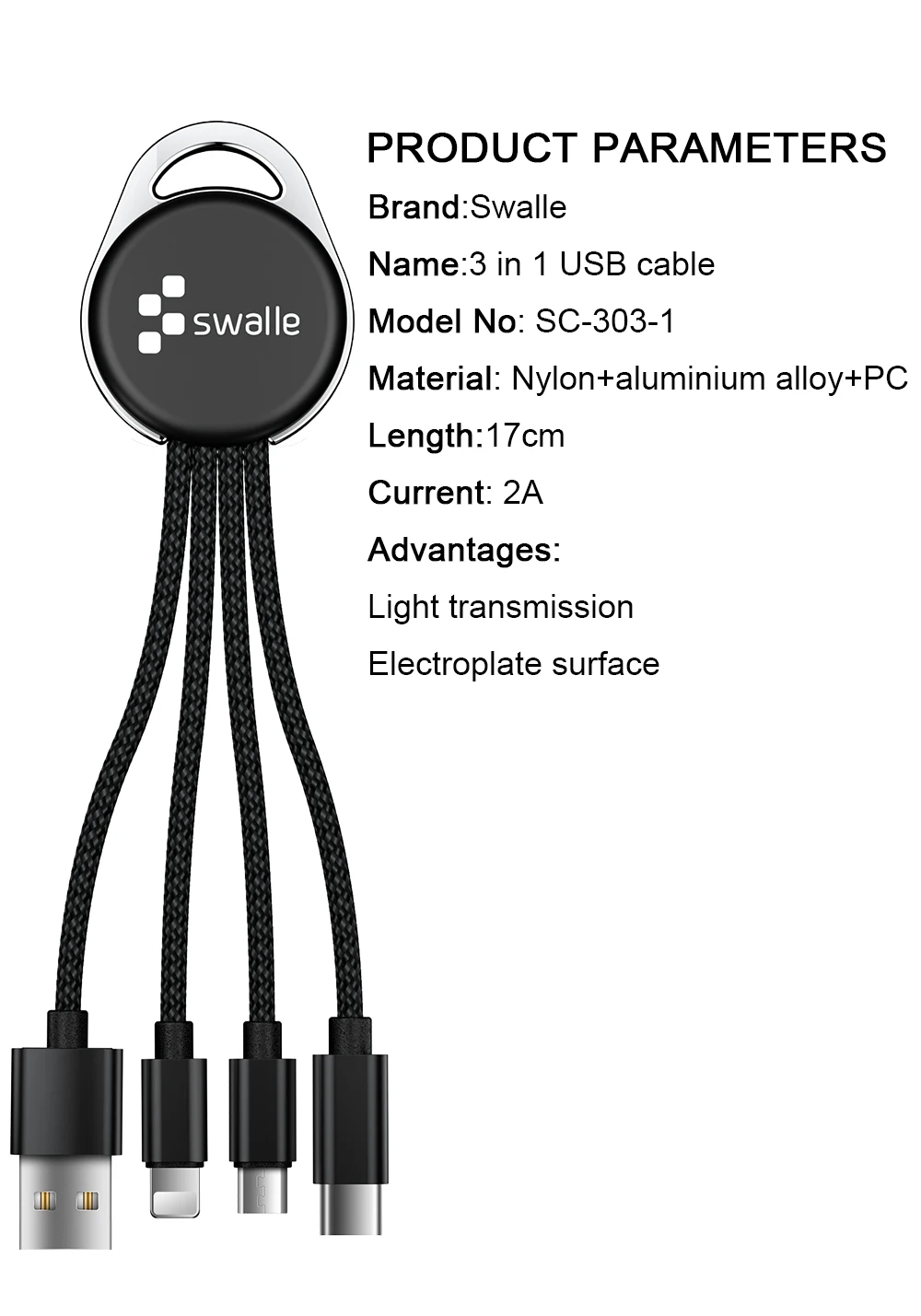 Swalle 3 в 1 USB кабель брелок короткий Micro usb type C мульти зарядное устройство кабель для Xiaomi huawei iPhone Быстрая зарядка