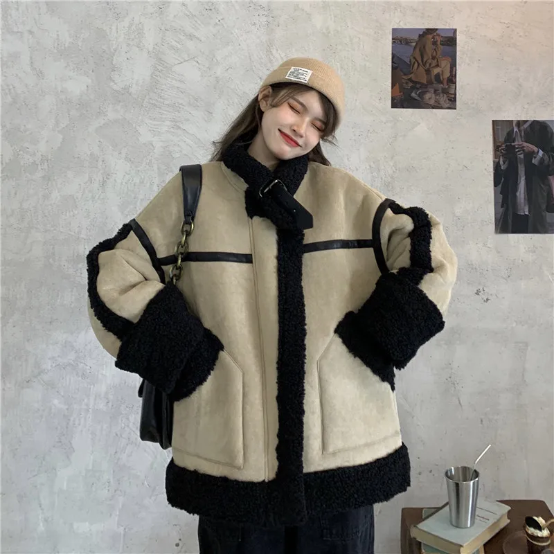 Korea Style Women Winter Loose Thermal Warm Coat Faux Sheepskin Fleece Parkas Streetwear