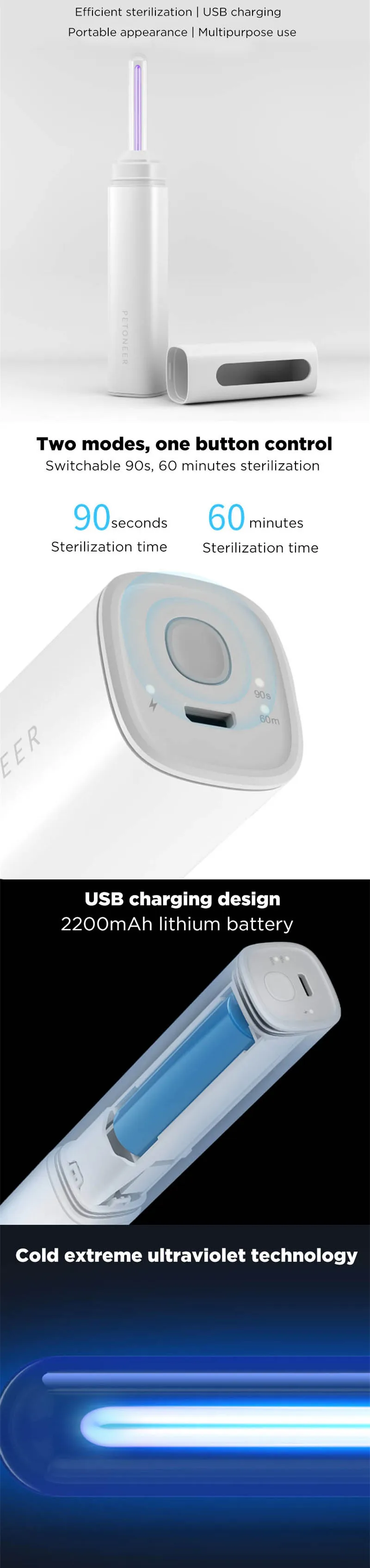 YOUPIN Patoneer 253.7nm уф стерилизация ручка перезаряжаемый сухой тепло воздух чистый Ультрафиолетовый стерилизатор для домашних животных кошек охотничьих собак