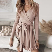 new womens clothing sexy solid color lace up v neck long sleeved ruffle dress office ladies female wedding and party dresses