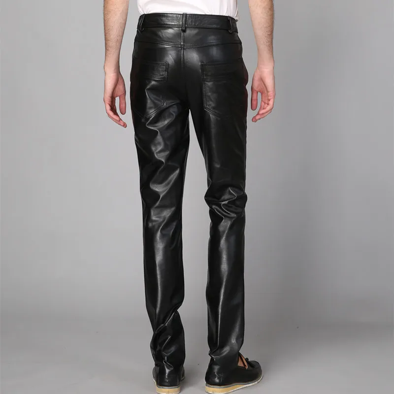 

High Quality Mens Night Club Punk Trousers Casual Full Length Genuine Leather Skinny Pants Windproof Motor Biker Pantalon Homme