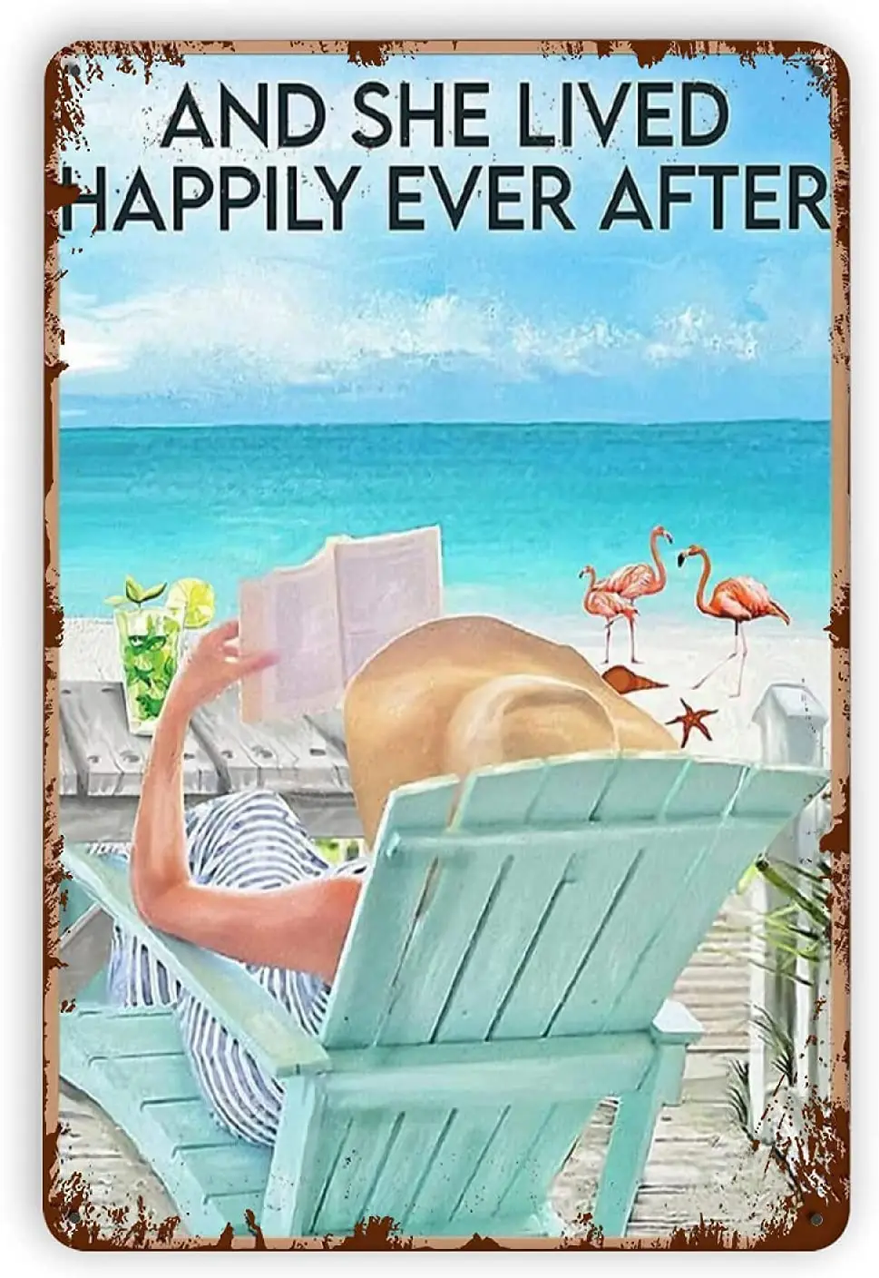 

Фламинго, ретро металлические жестяные знаки, пляж и она жила счастливо после жизни, металлический знак, Настенный декор, художественная та...
