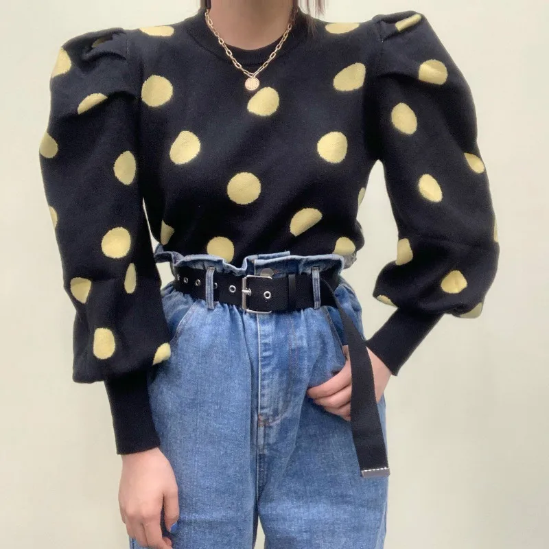 Весна 2020 Женская Kawaii для девочек с узором в горошек вязаный свитер короткие