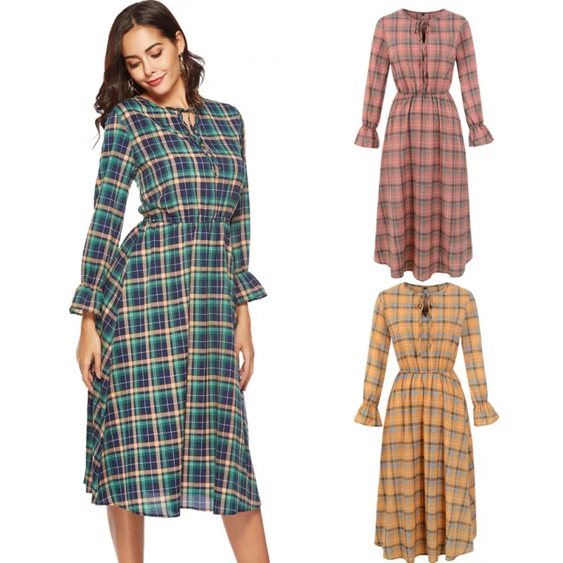 

Baiyinyan Early Spring New Bowknot Dress European and American Chiffon Plaid Printed Long Sleeve Dress