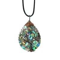 natural abalone shell pendant female retro winding water drop tree of life double sided stitching handmade craft rainbow abalone