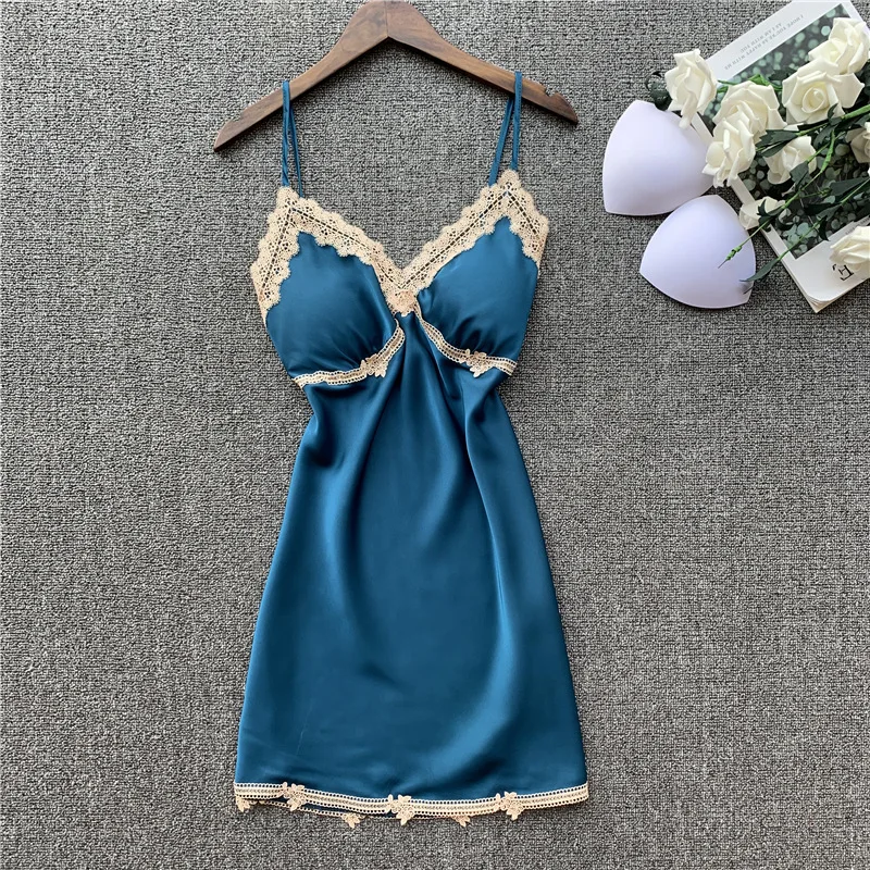 

Lady Vintage Blue Spaghetti Strap Nightdress Sweet Lace Trim Nightgown Casual Home Dress Sexy V-Neck Backless Sleepwear