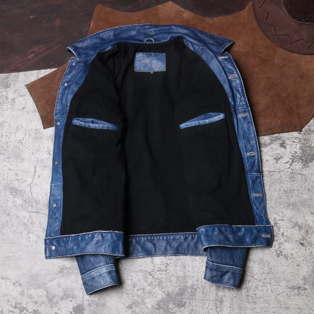 2022 винтажная синяя Повседневная стильная мужская куртка из натуральной кожи