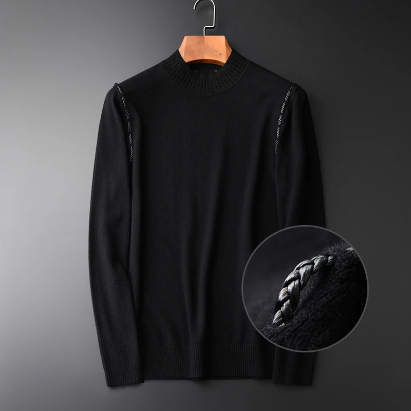 Men Shoulder Handmade Leather Weave Design Autumn And Winter Fashion New Men's Round Neck Pullover Sweater