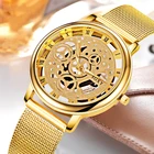 Мужские и женские наручные часы со скелетом, модные золотые наручные часы с сеткой из стали, часы reloj mujer, 2019