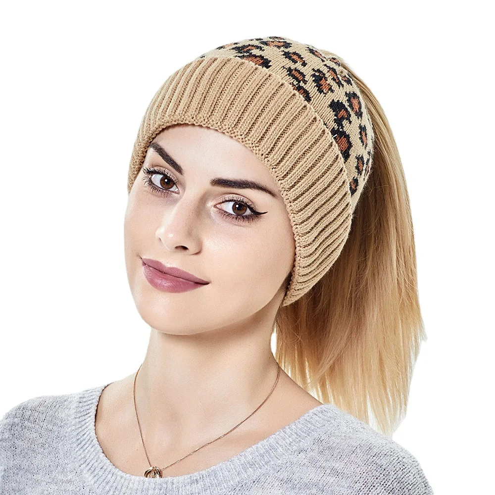 

2021 Autumn Winter Wool Hat New Leopard Knitted Horsetail Hat Keep Warm Outdoor Knitted Hat Fashionable Bonnets for Women