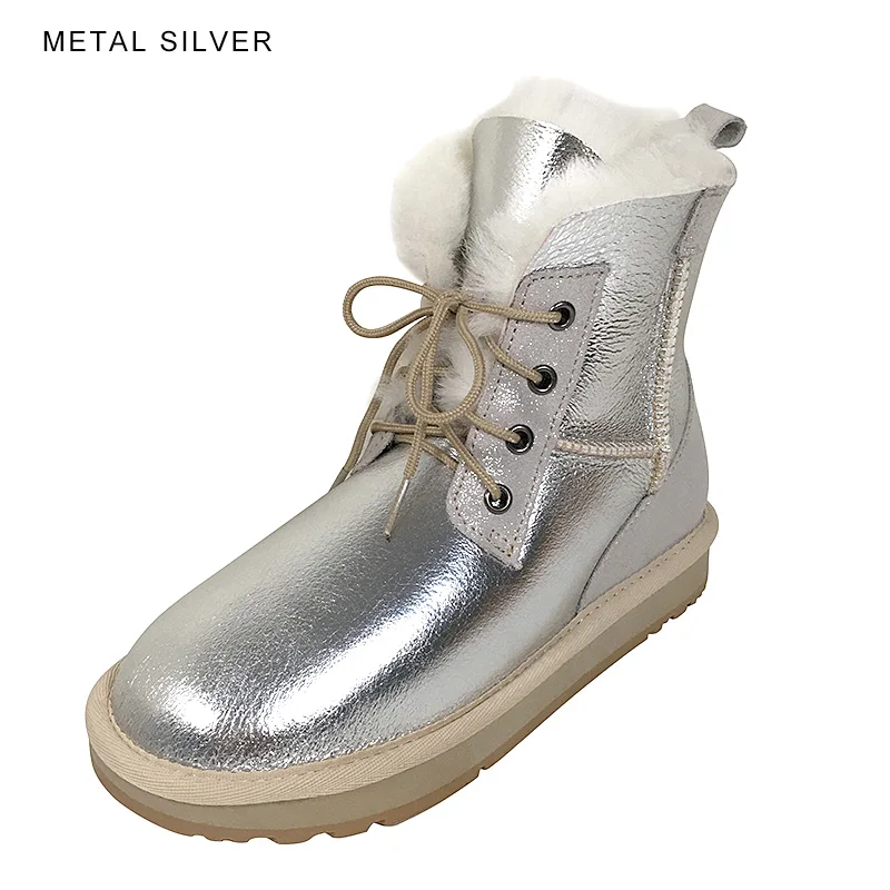 Metal Silver INOE женские короткие ботильоны на шнуровке повседневные зимние ботинки из овечьей кожи овечья шерсть женские зимние ботинки на натуральном меху удобные полусапоги на плоской подошве Теплая обувь Водонепроницаемая - Цвет: Metal Silver