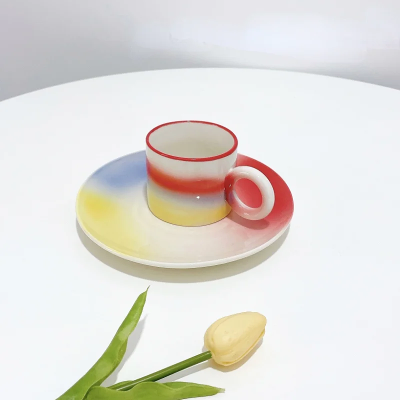 

ins simple creative gradient color rainbow ceramic couple mug western food plate material