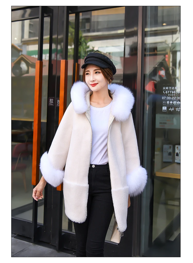 Пальто из натурального Лисьего меха с меховым воротником, пальто из овчины с композитными гранулами, осенне-зимнее теплое модное пальто с капюшоном для женщин