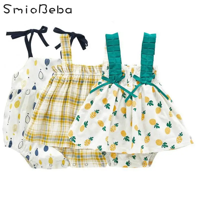 

2020 Summer Baby Girl Rompers Baby Pineapple Halter Dress Wrapped With Fart Flower Retro Plaid Skirt Creeper Ropa Bebe Elefante