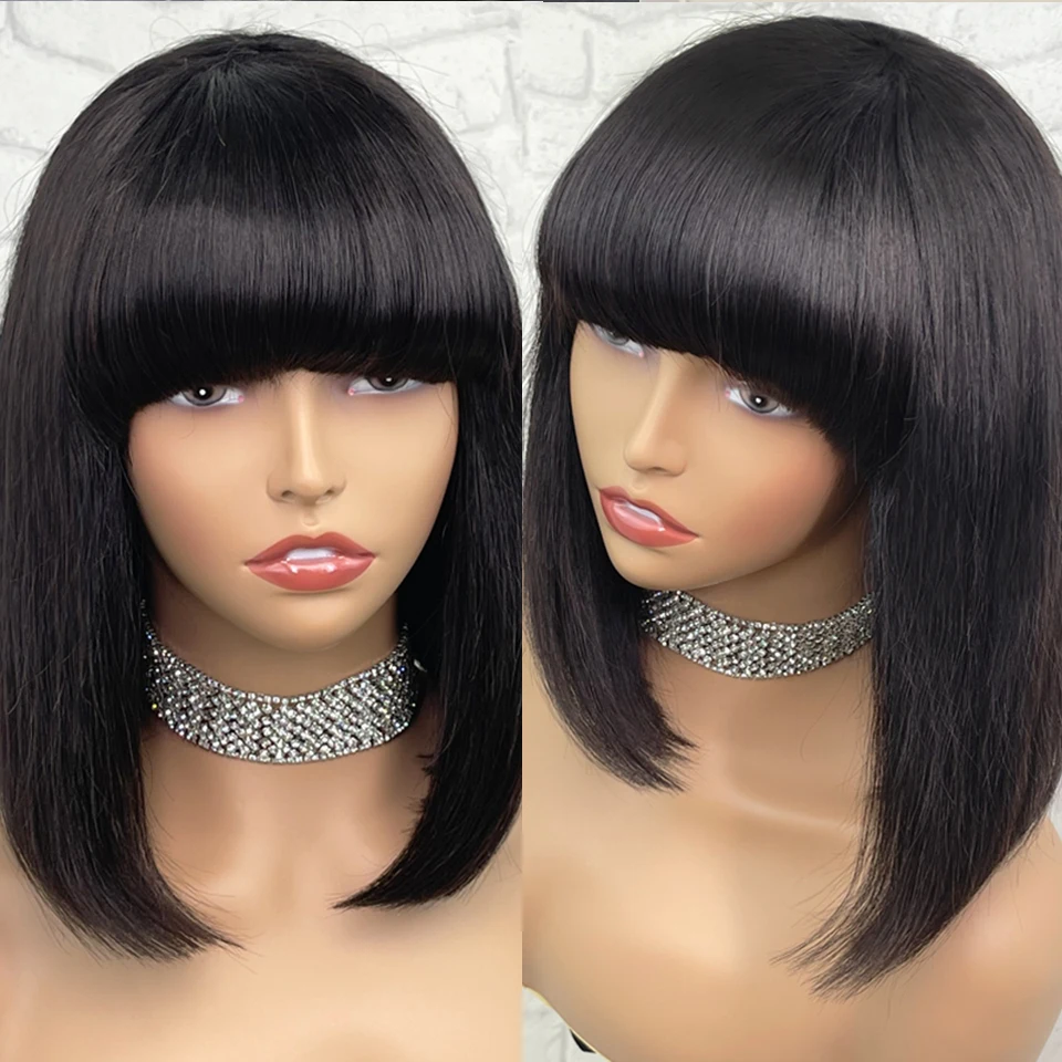 Парик короткий боб с челкой прямые бразильские волосы парики для женщин