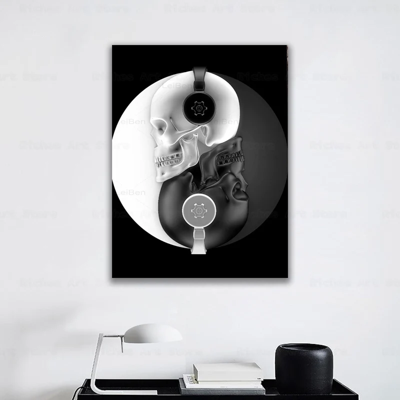 

Black and White Skull Headphone Canvas Painting Abstract Skeleton Wall Art Poster Nordic Modern Picture For Living Room Decor