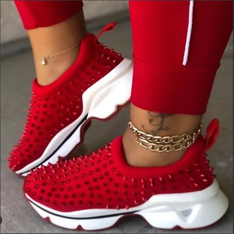 

2021 Sneakers Women Vulcanized Woman Rivet Sports Shoes Female Platform Wedges Ladies Leopard Casual Slip on Footwear Plus Size