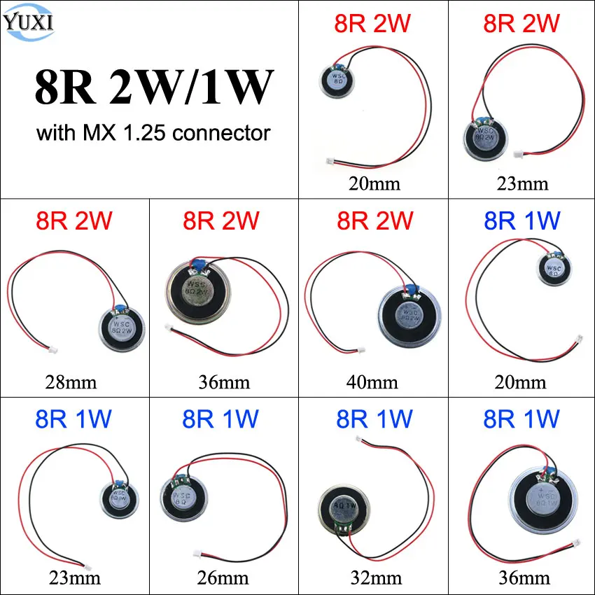 Мини-динамик YuXi 8R, 2 Вт, 1 Вт, 8 Ом, 2/1 Вт, звуковой сигнал MX 1.25, диаметр 20 мм, 23 мм, 26 мм, 28 мм, 32 мм, 36 мм, 40 мм, громкий динамик
