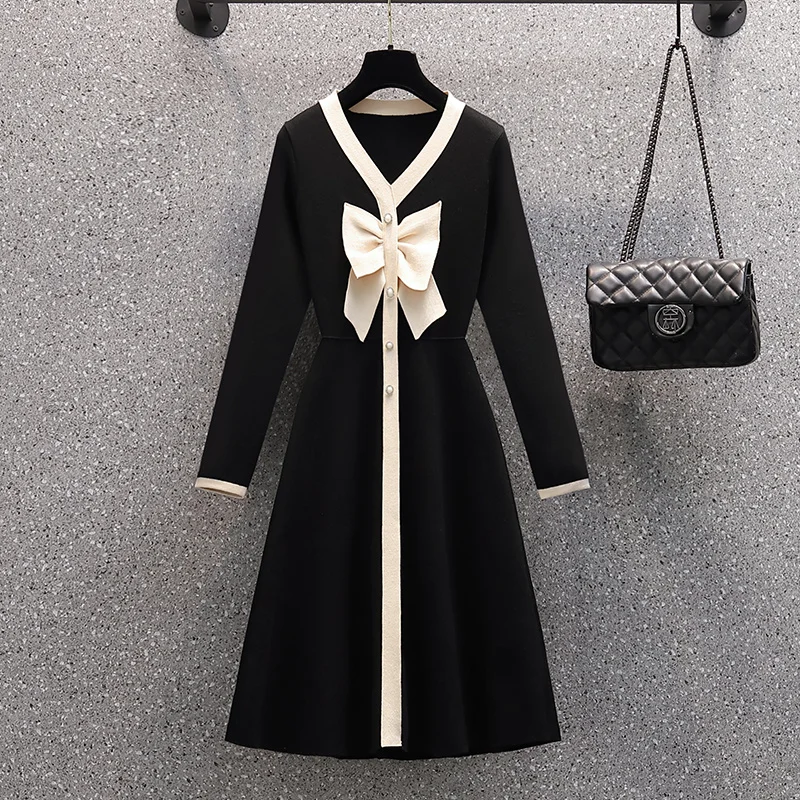 

Женское трикотажное платье-свитер, элегантное черное теплое трикотажное платье составного кроя с V-образным вырезом, бантом и длинным рукав...