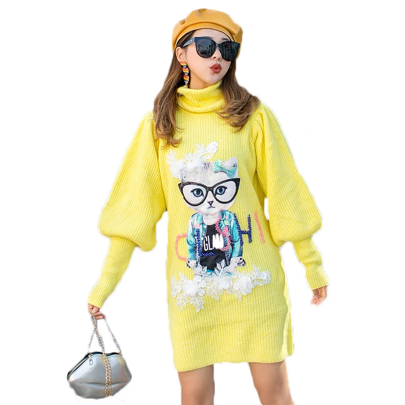 

Fashion Streetwear 2020 Winter Warm Turtleneck Long Sweater Cartoon Sequined Beanding Solid Lace Embroidery Floral Pullovers