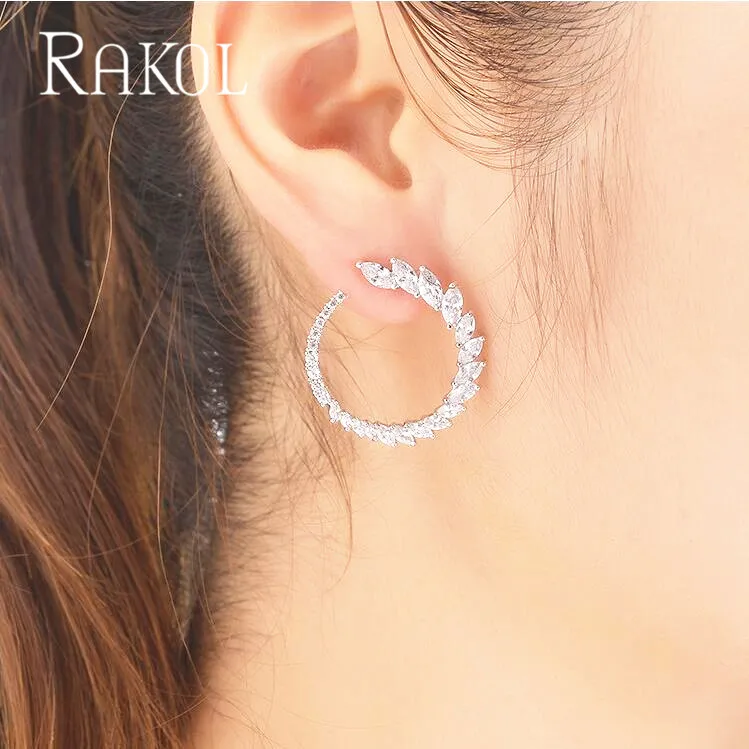 Новые модные брендовые серьги RAKOL, прозрачные круглые серьги с цирконием кубической огранки для женщин в форме листа, CZ ювелирное изделие, подарок