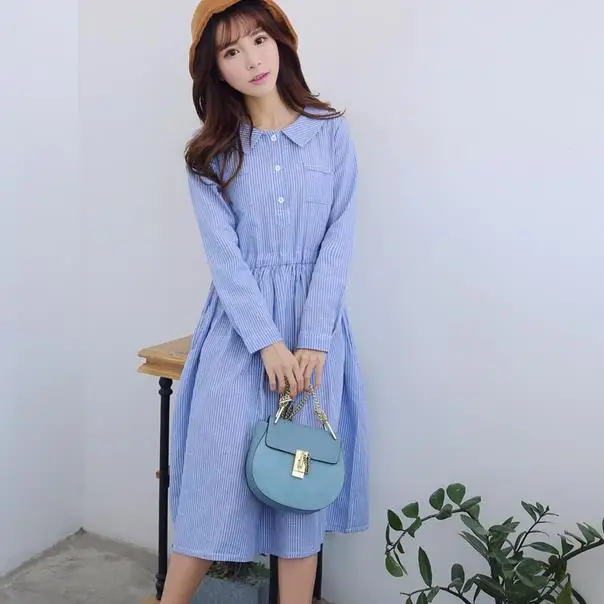 Женское длинное Хлопковое платье с длинными рукавами рубашка в синюю полоску