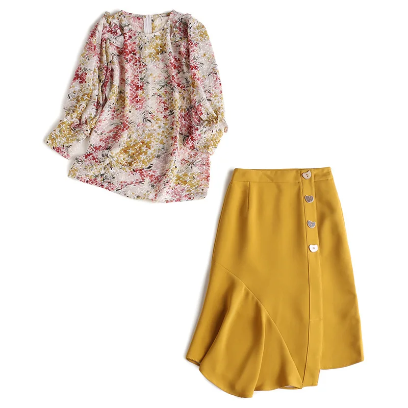 

Print Lantern Sleeve Chiffon Tops Yellow Midi Skirts Two Piece Sets Women Summer Clothes Ruffles Skirt Office Ladies 2 pc Set za