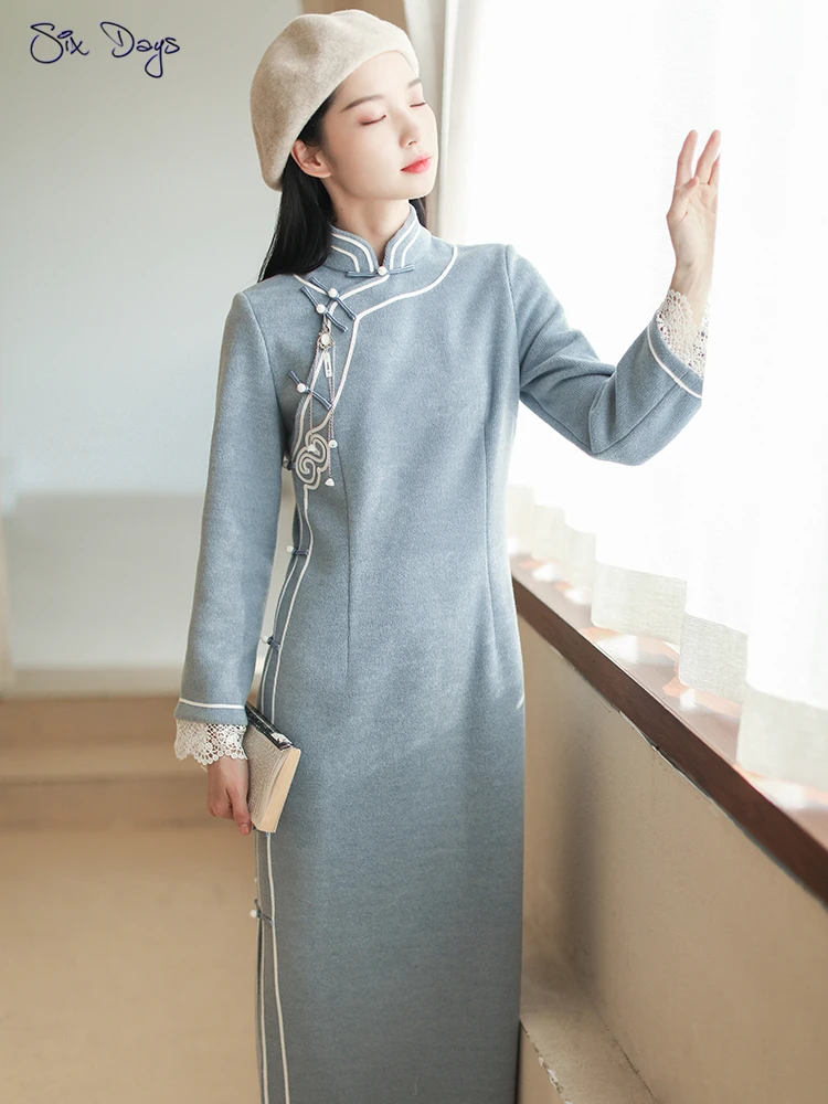 

Retro Lace Chinese Dress Women Vintage Modern Cheongsam Young Qipao Thick Long Winter Dress Girl Birthday Party Lady Vestidos